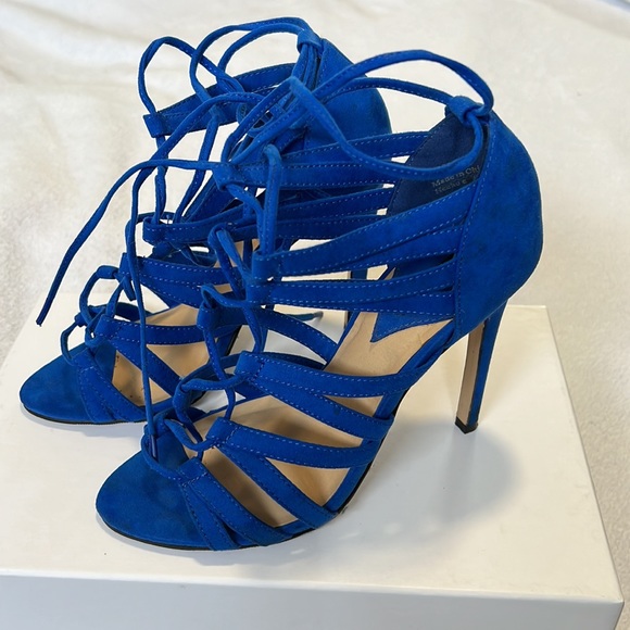 Blue Lace Up Sandal Heels - Picture 3 of 6